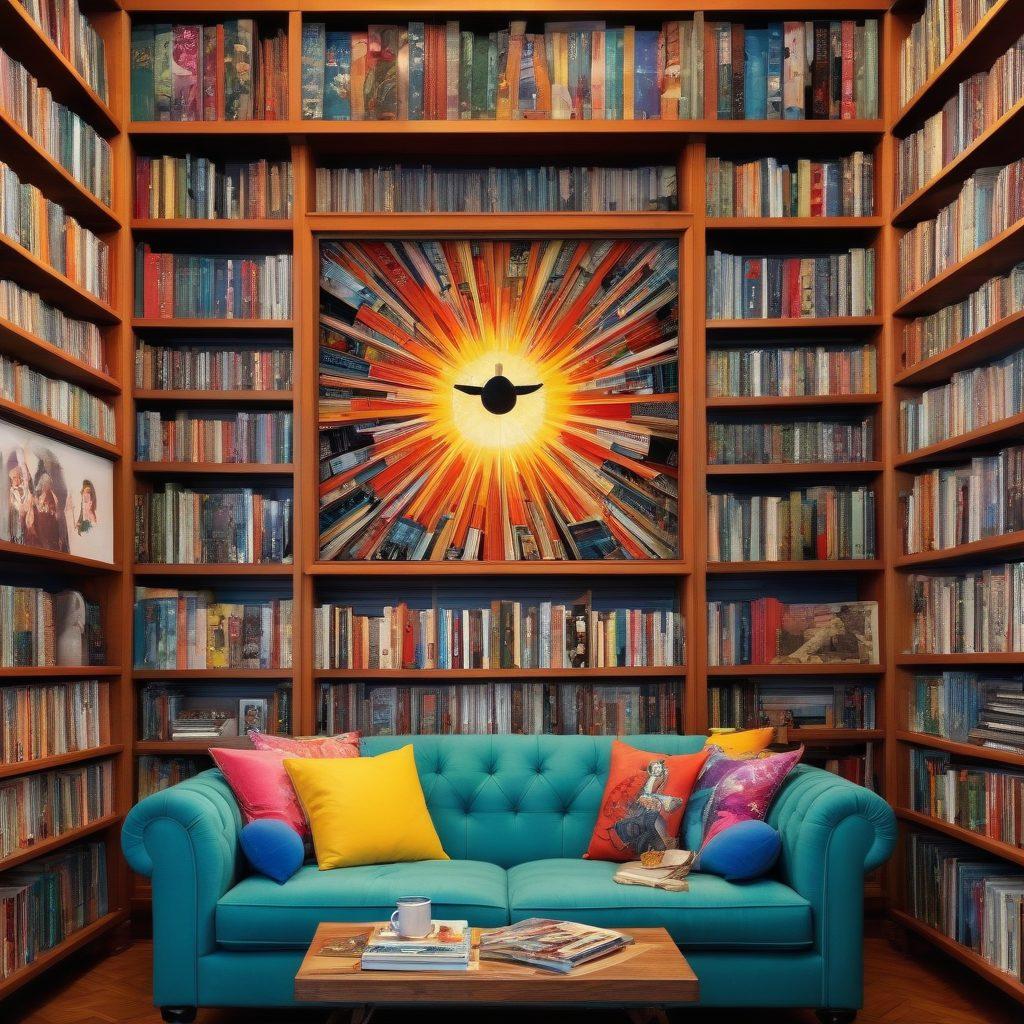 A visually stunning collage featuring a bookshelf filled with vibrant graphic novels and erotic manga, with excerpts of illustrated scenes subtly blending into the background. Include playful nods to games with an abstract representation of a gaming controller entwined in art. Emphasize bold colors and dynamic illustrations to convey excitement and allure. Illustrate characters from both comic styles interacting in a whimsical way. super-realistic. vibrant colors. 3D.