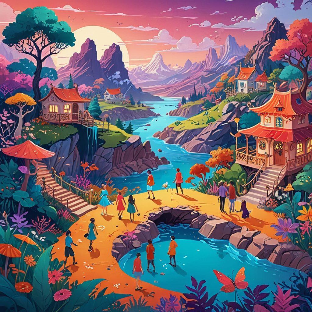 A vibrant and fantastical scene showcasing a kaleidoscope of dynamic animated characters engaged in various playful and whimsical fantasies. Each character is uniquely styled, representing different aesthetic subcultures, with bright colors and imaginative backgrounds that reflect their desires. The setting is a dreamy, surreal landscape that amplifies the sense of exploration and fun. The illustration should feel lively and inclusive, inviting viewers to delve into the colorful world of animated erotica. digital art. vibrant colors. fantastical style.